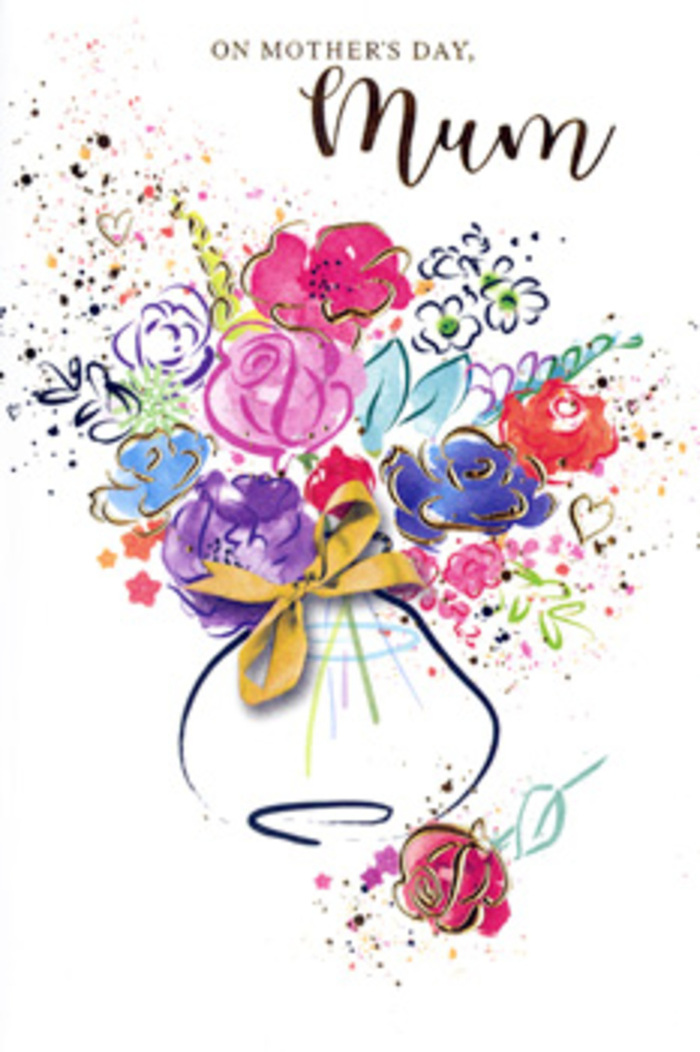 Expressive Mother's Day card illustration showing a painterly watercolour bouquet, bursting with layered colour and emotion, reminiscent of a florist's quick sketch made between deliveries through the Docklands. The flowers are built from sweeping brushstrokes rather than detailed petals, with hot pink, cerise, and rich magenta tones commanding the centre and drawing the eye. Around these, cooler shades of indigo, periwinkle, and lavender swirl and blend, giving both balance and a sense of depth, like reflections on the Thames near the O2. Soft touches of apricot and warm yellow peek through the stronger hues, suggesting hidden blooms and capturing the gentle glow of afternoon light. Thin threads of gold paint delicately outline certain petals and leaves, highlighting form without overpowering the looseness of the design, and adding a celebratory glimmer. All of the colour gathers into a stylised vase at the bottom of the composition, its rounded shape hinted at with pale washes and finished with a simple golden bow, mirroring the understated elegance of a hand-tied bunch delivered to a Docklands doorstep. Surrounding the bouquet, sprinkled hearts, tiny dots, and flecks of paint drift across the card's white surface, like a halo of joy around the central arrangement. Pigments bleed at the edges where they meet, creating feathery transitions and subtle gradients that lend a sense of motion, as though the bouquet is still gently swaying. The card becomes more than just a greeting; it is a keepsake bouquet on paper, offering enduring thanks and affection to a mum cherished in the Docklands community.