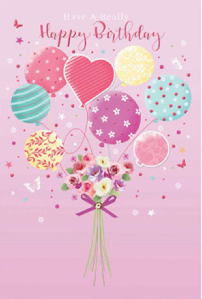 Graceful birthday card artwork depicting a pastel balloon cluster carrying a romantic hand-tied bouquet, imagined as a favourite design created for birthday deliveries around Docklands. The background is a soft pink wash, serene and even, reminiscent of the reflections seen on the Thames at dusk near Canary Wharf. From the base of the scene, several balloons float upwards in a loose, organic arrangement. Their colours are muted yet cheerful: pale sunshine yellow, rosy fuchsia, creamy peach, lavender, and sea green. Each balloon carries a different decorative style-some swirl with candy-striped bands, others are dotted generously with playful polka dots, and a special heart-shaped balloon nestles near the centre, suggesting a more personal birthday sentiment. Beneath the balloons, a bouquet of flowers appears to be the anchor, just as a real arrangement might rest on a table in a Docklands riverside flat. Petite roses and soft, daisy-like blooms fill the bouquet, their petals shaded from cream to soft rose and mauve, with a velvety texture suggested by careful illustration. The colours of the blooms echo the hues above, tying the composition together visually. Their stems are gathered and secured with a narrow, shimmering purple bow, the satin ribbon folded into a simple yet elegant knot. Surrounding the central cluster, tiny butterflies and starbursts add lightness and motion, as though the air itself were quietly celebrating. Light seems to fall gently across the artwork, highlighting the curves of the balloons and the edges of the petals, giving the impression of freshness and care. The entire design speaks of gentle jubilation-a perfect birthday greeting for someone living or working around Docklands, from the modern towers of Canary Wharf to the quieter waterside paths.