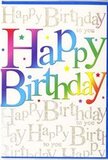 In this image, a festive birthday card stands proudly on a plain surface, its front decorated with a vibrant design that feels right at home in the lively, urban atmosphere of London's Docklands. The greeting Happy Birthday runs boldly across the centre in large, rounded letters that blend through a luminous rainbow gradient. Deep red flows into orange, then soft rose, magenta, emerald, aqua, and warm yellow, evoking the shifting colours of sunset reflected in the Thames near the docks. The letters have a slightly glossy finish, so they catch reflections from the ambient light, giving them a crisp, modern edge. Behind this main message, the whole background is layered with closely spaced lines of Happy Birthday to you, written in elegant, looping golden script. The metallic gold shimmers and gleams subtly, creating a textured, luxurious backdrop without stealing focus from the primary text. Sprinkled across the design are tiny stars and dots in lively blues, pinks, purples, and yellows, like miniature fireworks or pieces of confetti frozen mid-air. The card's margins are kept simple and uncluttered, framing the exuberant centre and making the design feel polished and intentional. Altogether, it conjures the mood of a carefully planned celebration-perfect for tucking beside a bouquet delivered across the Docklands, from Westferry to Blackwall, to bring a burst of colour and heartfelt birthday wishes to someone's desk, dining table, or windowsill overlooking the city.