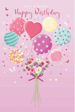 Whimsical birthday card illustration showing pastel balloons and a delicate flower bouquet, described with the ambience of a Docklands riverside celebration. The scene rests on a warm, blush-pink background that feels like a soft evening sky above the docks. In the centre, a cluster of balloons floats upward, loosely gathered, creating an airy arc. Their colours are soothing and festive at once: blush pink, minty sea green, sunny yellow, lavender, and teal. One balloon is clearly heart-shaped, suggesting affection at the core of the message, while others are round and full. Patterns vary-some are wrapped with candy-stripe ribbons, others are scattered with lively polka dots or tiny stars, each pattern adding its own playful rhythm. All the balloon strings seem to meet at a hand-tied bouquet positioned at the bottom of the illustration. This bouquet is composed of creamy ivory roses, blush pink blossoms, and anemone-like flowers in gentle mauve, their petals layered like soft fabric, hinting at a plush, touchable texture. The stems emerge in a neat cluster, bound tightly with a violet satin bow that shines subtly, as though catching the light from a nearby Docklands window overlooking the river. Around the main motif, small butterflies and fine star shapes float, echoing the sense of motion and joy, almost like confetti suspended in time. The imagined scent is delicately floral and sweet, perfectly matching the pastel palette. Overall, the composition radiates lightness, warmth, and quiet excitement, ideal for a birthday card that feels as special and thoughtful as receiving fresh flowers delivered to a home or office somewhere along the Docklands waterfront, lovingly prepared by Flower Delivery Docklands.